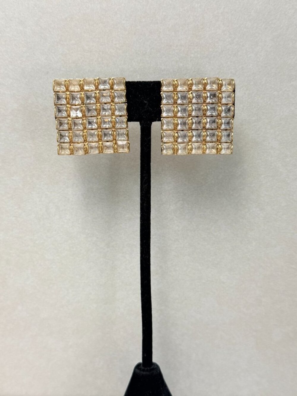 Vintage SAL Swarovski Crystal Square Clip On Earrings Gold Tone Signed